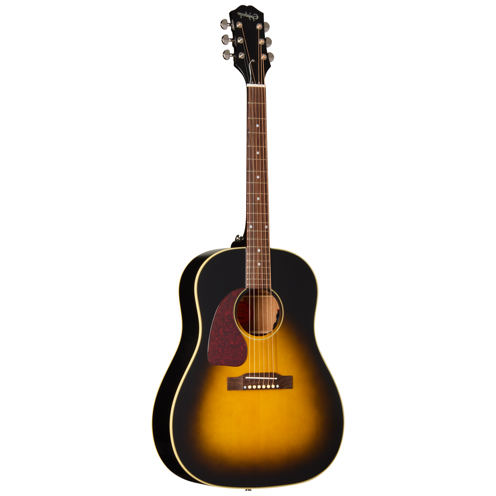 Epiphone J45 Standard acoustic guitar in vintage sunburst finish, left-handed, showcasing the body, soundhole, and wood grain details.