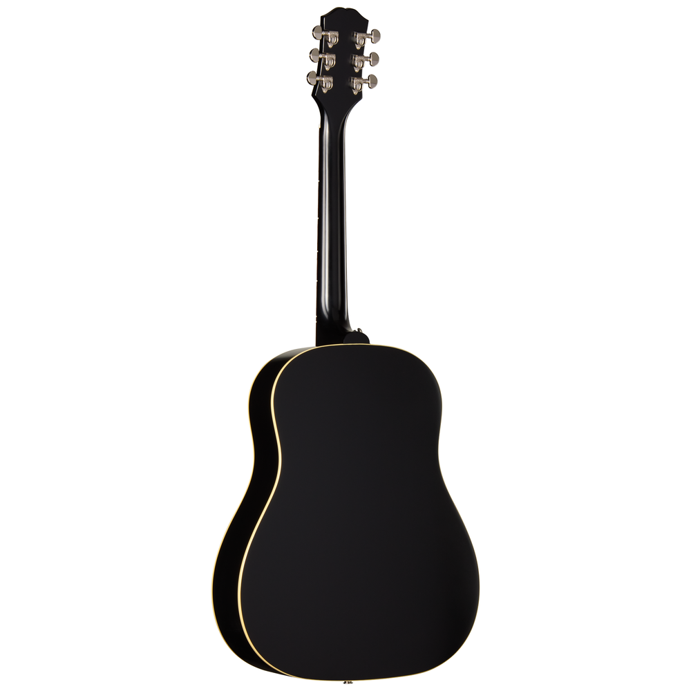 Left-handed Epiphone J45 Standard acoustic guitar in vintage sunburst finish, showcasing the body and detailed wood grain.
