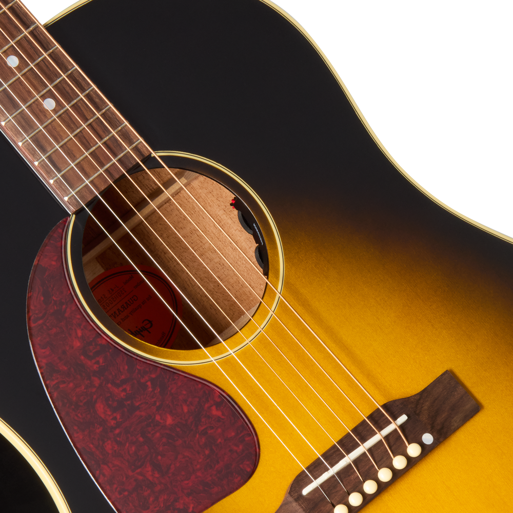 Epiphone J45 Standard acoustic guitar in vintage sunburst finish, left-handed, showing the body and fretboard details.
