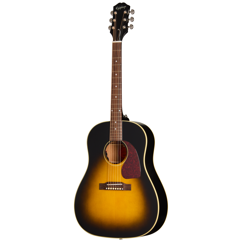 Epiphone J45 Standard acoustic guitar in vintage sunburst finish, showcasing its dreadnought body and spruce top.
