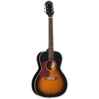 Left-handed Epiphone L00 Standard acoustic guitar in vintage sunburst finish, showcasing its body and neck details.