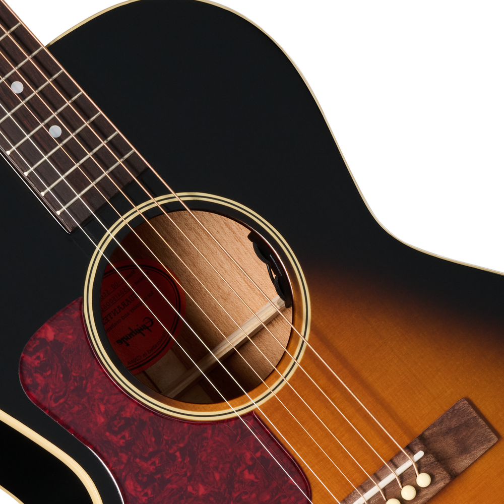 Left-handed Epiphone L00 Standard acoustic guitar in vintage sunburst finish, featuring a classic body shape and elegant wood grain.