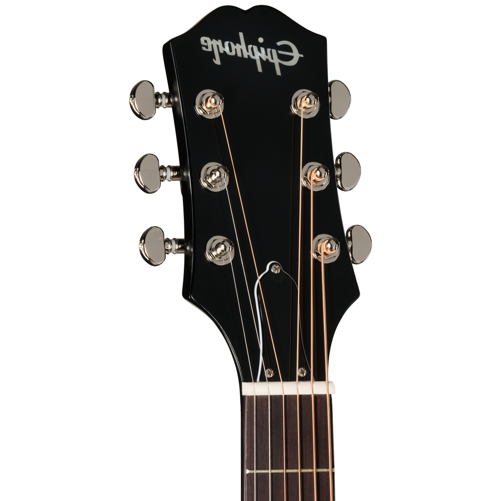 Left-handed Epiphone L00 Standard acoustic guitar in vintage sunburst finish showing the body and soundhole.
