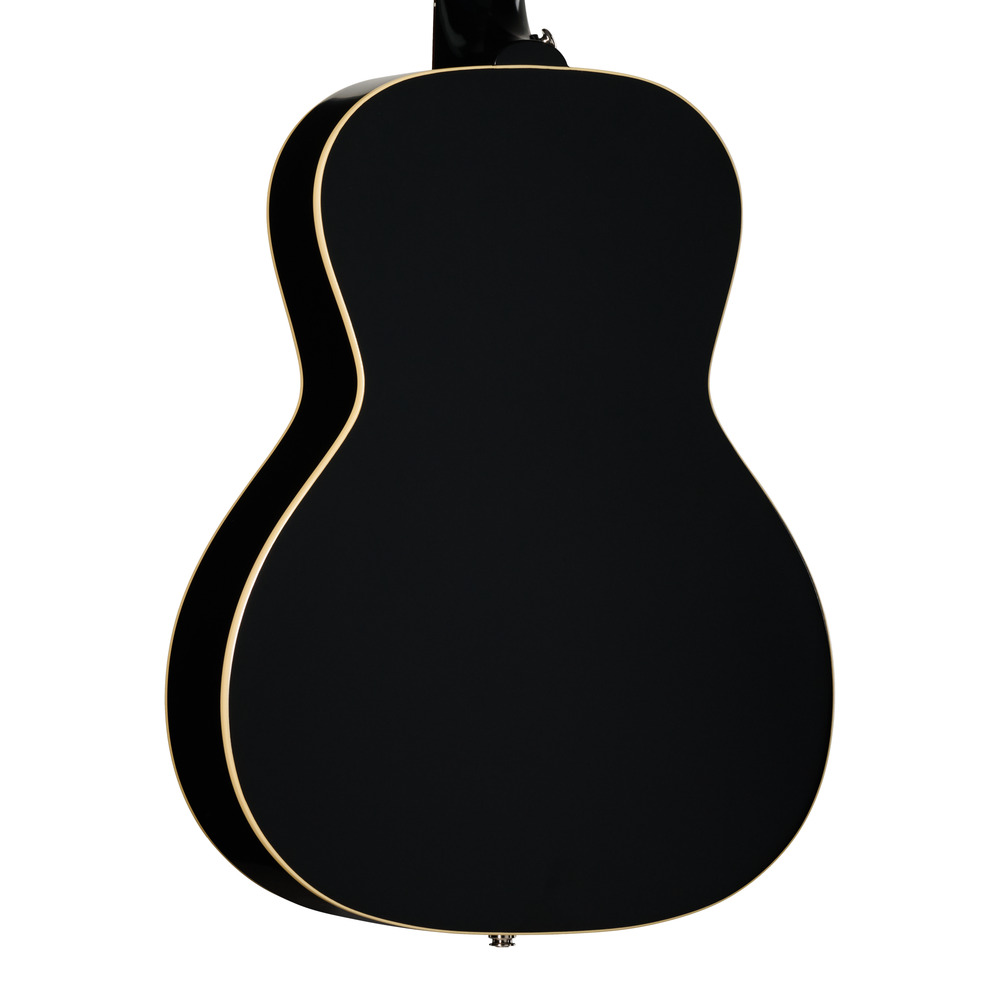 Left-handed Epiphone L00 Standard acoustic guitar in vintage sunburst finish, showcasing its body and neck details.