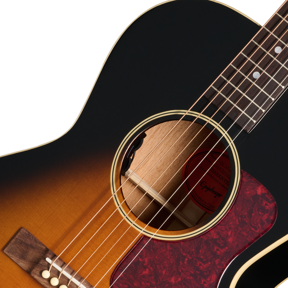 Epiphone L00 Standard acoustic guitar with vintage sunburst finish, featuring a classic shape and wood grain details.