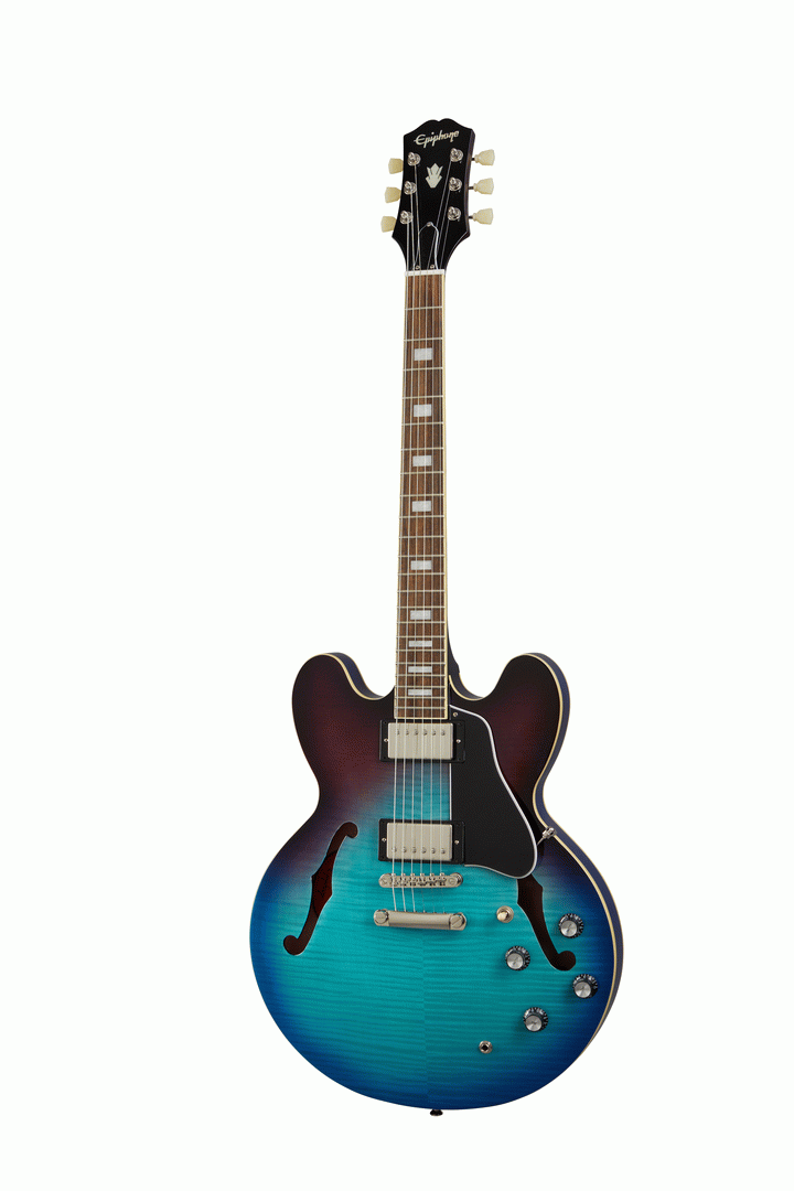 Epiphone ES-335 Figured semi-hollow body electric guitar in Blueberry Burst finish, showcasing its classic design and rich wood grain.