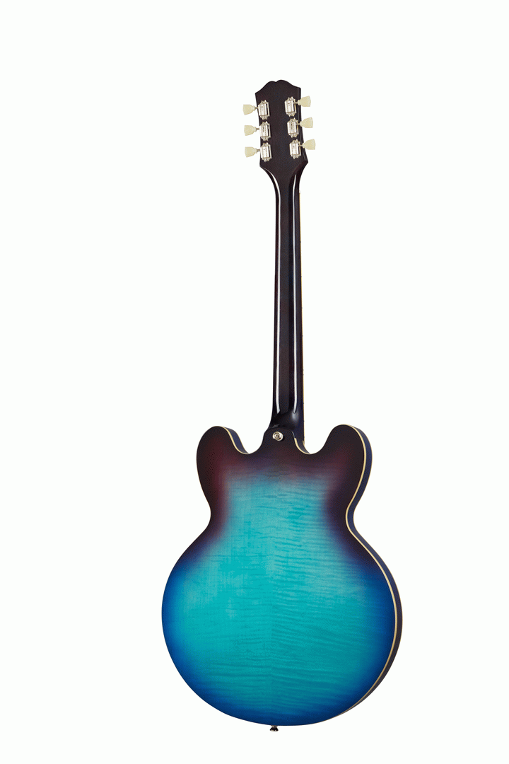 Epiphone ES-335 Figured semi-hollow body electric guitar in Blueberry Burst finish, showing the guitar's body and pickups.