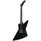 Black Epiphone Explorer 80s EMG electric guitar with sleek ebony finish and modern hardware, showcasing its iconic shape and design.