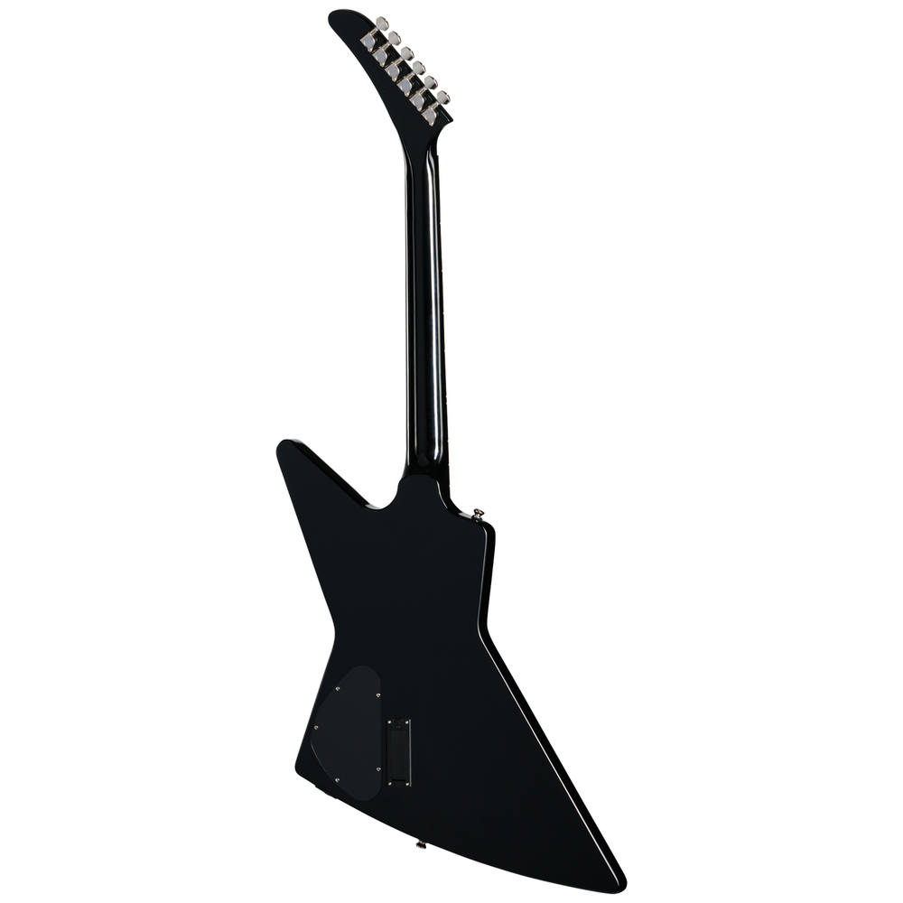 Epiphone Explorer 80s EMG electric guitar in ebony finish, showcasing its sleek body and dual humbucking pickups.