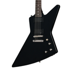 Black Epiphone Explorer 80s EMG electric guitar with sleek ebony finish and modern hardware, showcasing its distinctive shape and design.