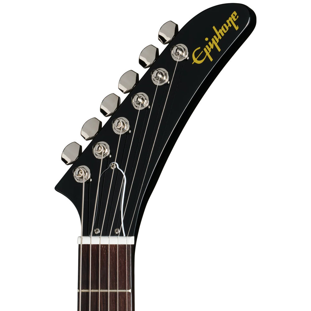 Black Epiphone Explorer 80s EMG electric guitar with sleek ebony finish and modern hardware, showcasing its distinctive shape and design.