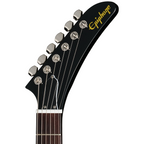 Black Epiphone Explorer 80s EMG electric guitar with sleek ebony finish and modern hardware, showcasing its distinctive shape and design.
