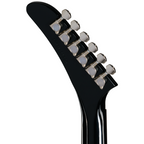 Epiphone Explorer 80s EMG electric guitar in ebony finish with a sleek body and EMG pickups, showcasing its modern design.