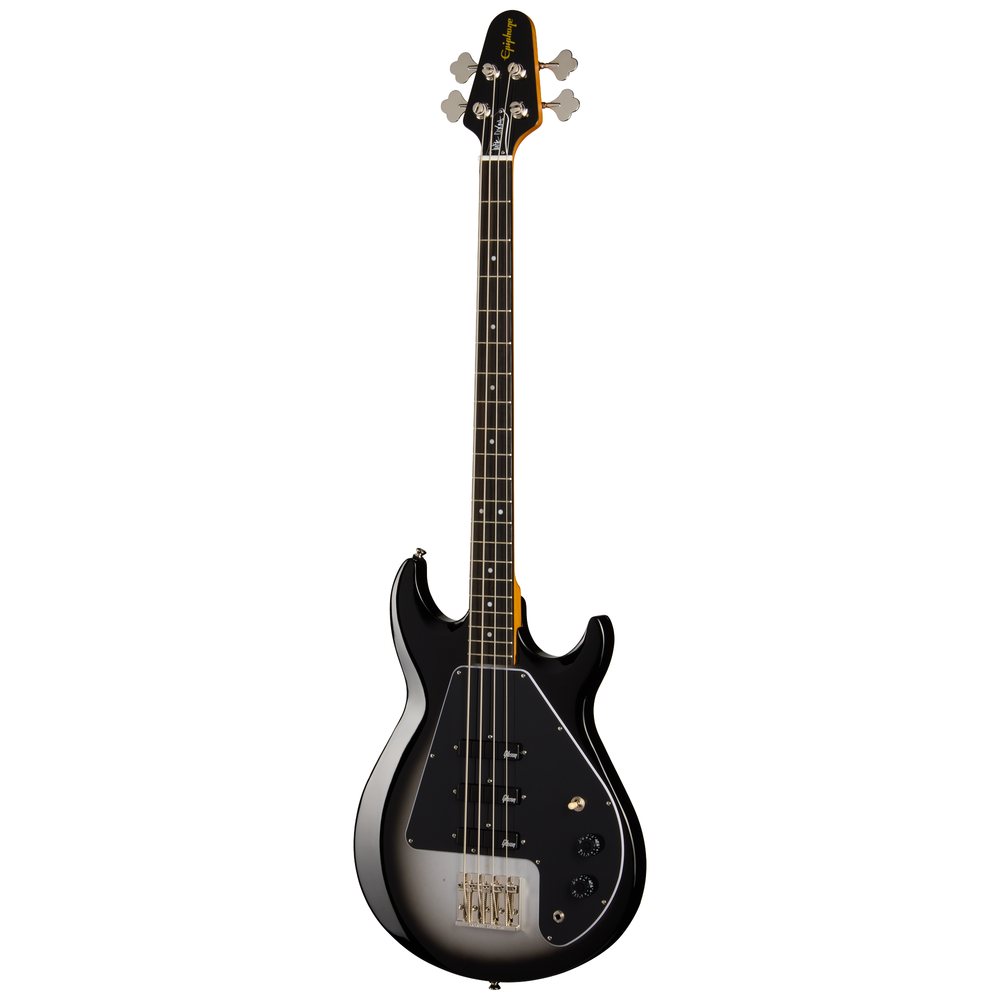Silverburst Epiphone Mike Dirnt Grabber G3 Bass Guitar with sleek body and four strings, showcasing its classic design and hardware.
