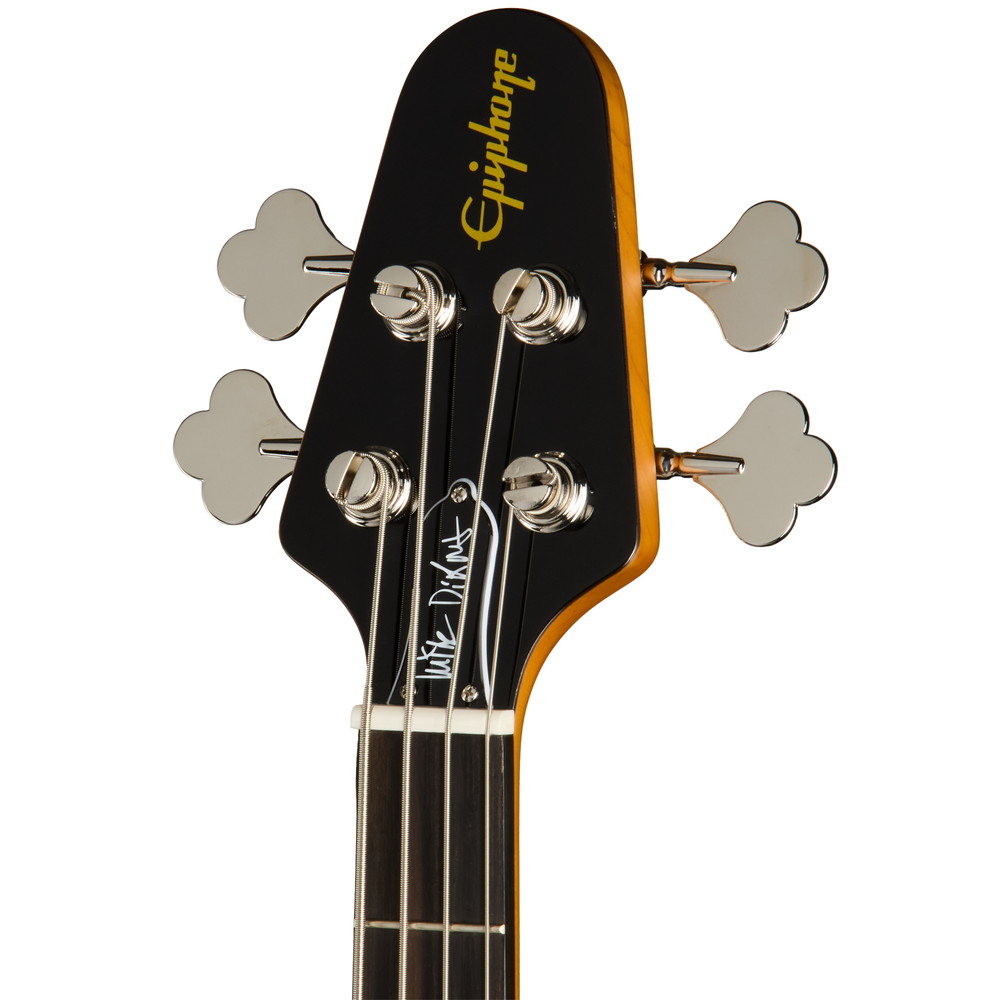 Epiphone Mike Dirnt Grabber G3 bass guitar in silverburst finish, showing its sleek body and four-string design.