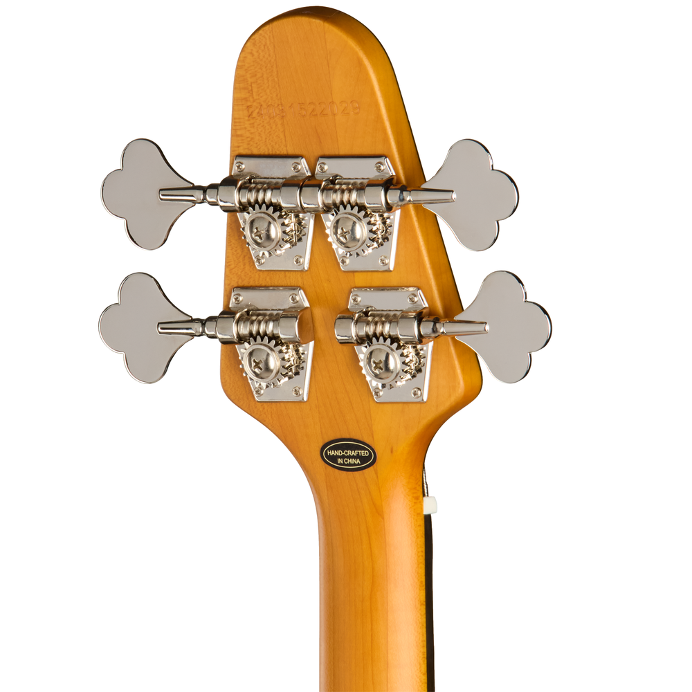 Silverburst Epiphone Mike Dirnt Grabber G3 bass guitar with dual pickups and chrome hardware, showcased in a close-up view.