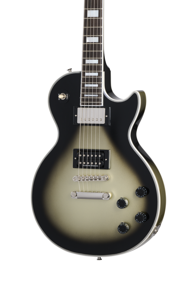 Electric guitar by EPIPHONE, Adam Jones 1979 Les Paul Custom in Antique Silverburst, showcasing its body and hardware details.