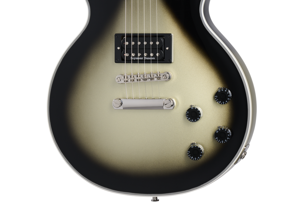 Electric guitar by EPIPHONE, Adam Jones 1979 Les Paul Custom in Antique Silverburst with chrome hardware and carved top.