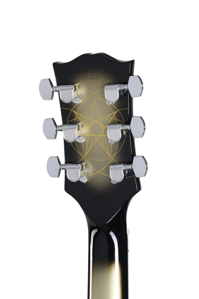Electric guitar by EPIPHONE, Adam Jones 1979 Les Paul Custom in antique silverburst with chrome hardware and black pickups.