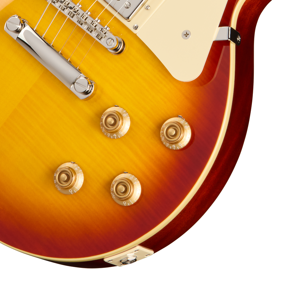 Epiphone Les Paul Standard 50s electric guitar in washed cherry sunburst finish, showing the guitar's body and pickups.