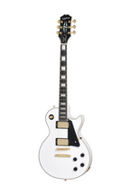 Electric guitar Epiphone Les Paul Custom in Alpine White with gold hardware, shown with included premium gig bag.