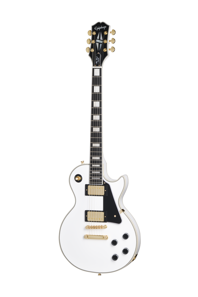 Electric guitar Epiphone Les Paul Custom in Alpine White with gold hardware, shown with included premium gig bag.