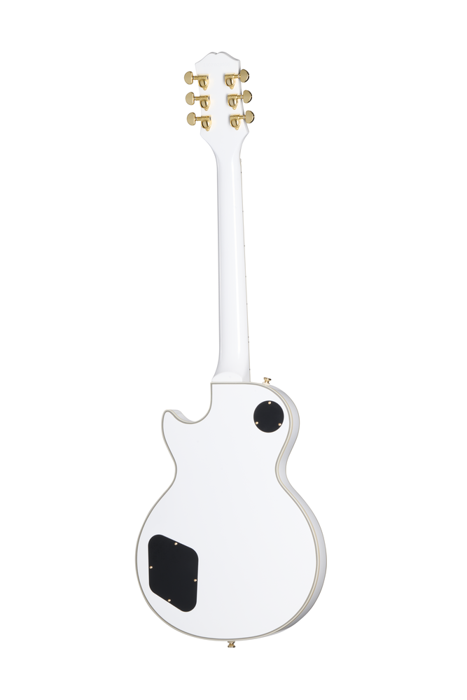 Electric guitar by EPIPHONE, Les Paul Custom model in Alpine White with gold hardware, shown with premium guitar bag.