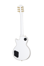 Electric guitar by EPIPHONE, Les Paul Custom model in Alpine White with gold hardware, shown with premium guitar bag.