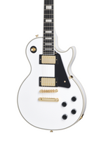 Epiphone Les Paul Custom Alpine White electric guitar with gold hardware and maple neck, shown with premium guitar bag.