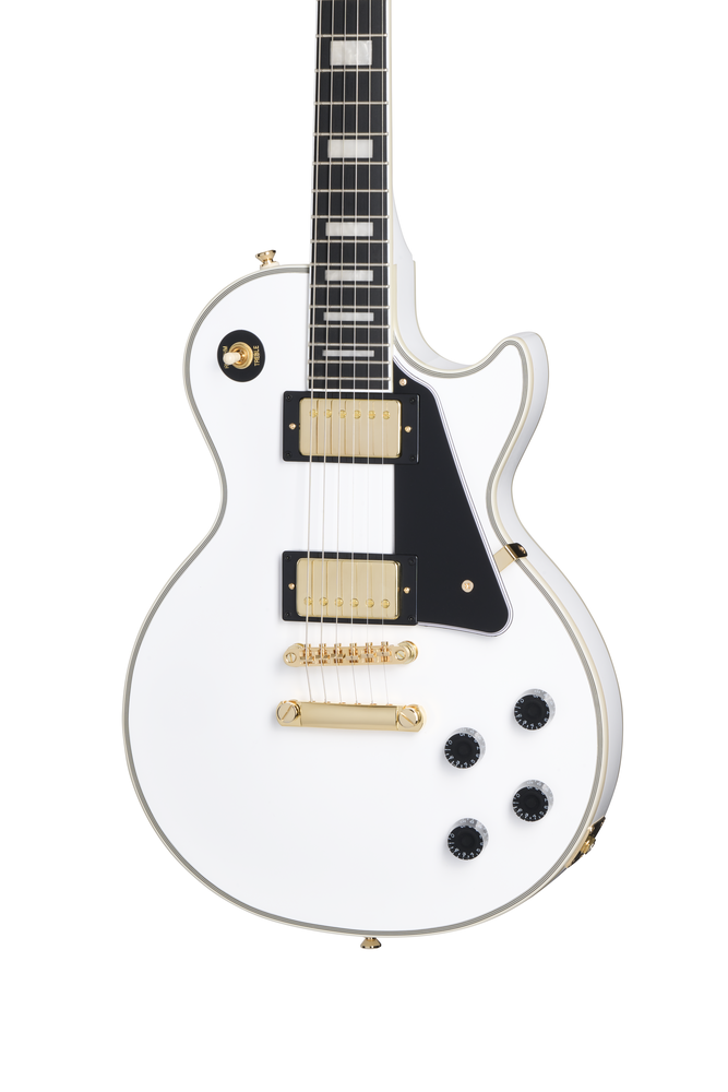 Epiphone Les Paul Custom Alpine White electric guitar with gold hardware and maple neck, shown with premium guitar bag.