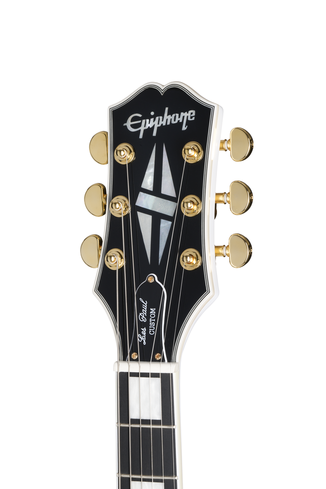 Electric guitar Epiphone Les Paul Custom Alpine White with gold hardware, displayed with a premium guitar bag.
