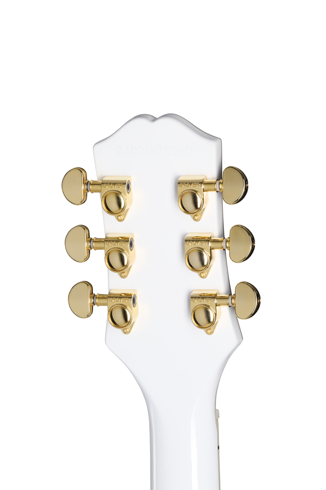 Electric guitar Epiphone Les Paul Custom in Alpine White with gold hardware, shown with a premium gig bag.