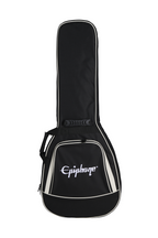 Electric guitar with alpine white finish, Epiphone Les Paul Custom model, shown with premium gig bag and hardware details.