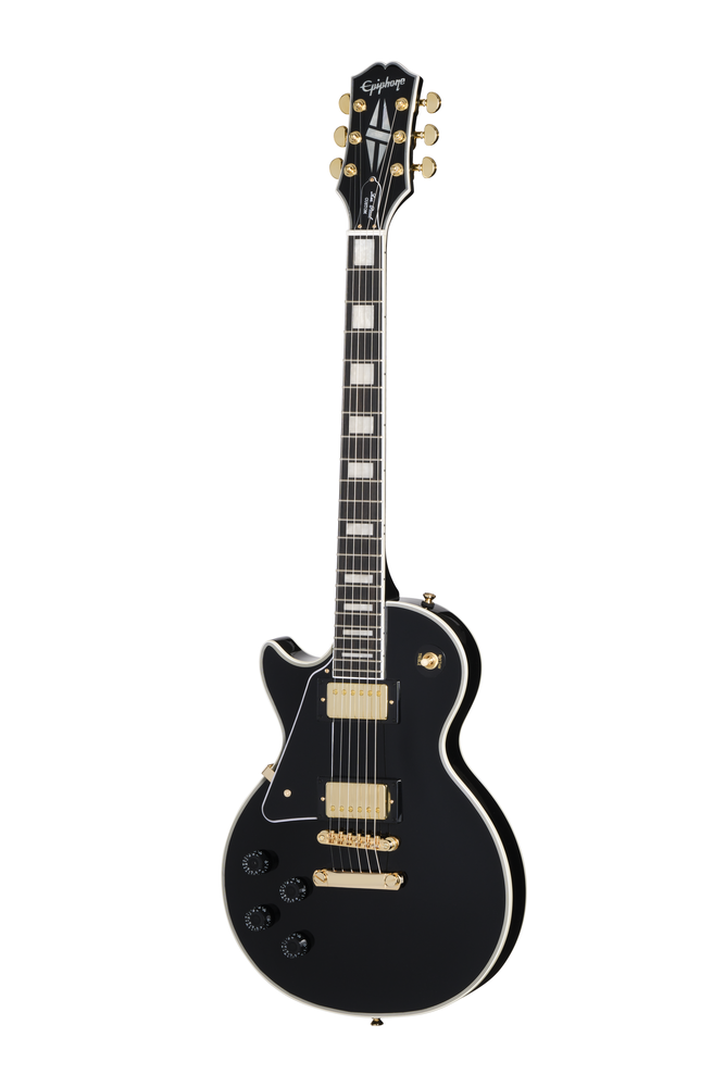 Left-handed Epiphone Les Paul Custom electric guitar in ebony finish with gold hardware, shown with the included premium gig bag.