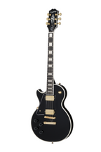 Left-handed Epiphone Les Paul Custom electric guitar in ebony finish with gold hardware, shown with the included premium gig bag.