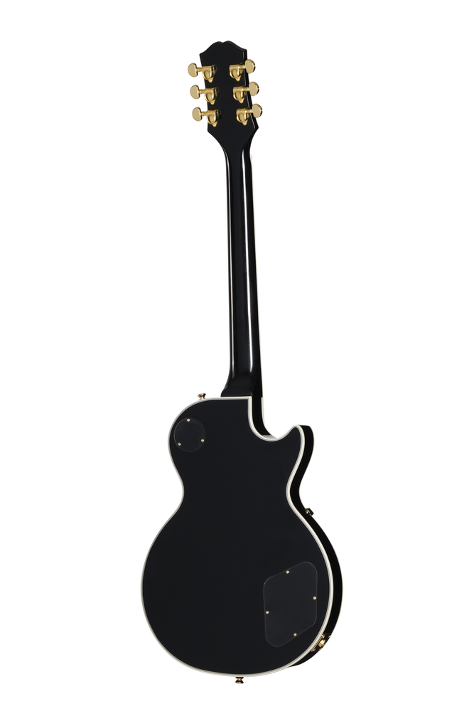 Left-handed Epiphone Les Paul Custom electric guitar in ebony finish with gold hardware, shown with premium guitar bag.