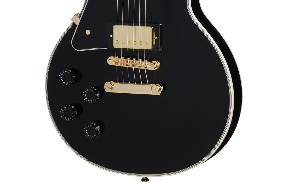 Left-handed Epiphone Les Paul Custom electric guitar in ebony finish with gold hardware, shown with its premium gig bag.