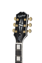 Left-handed Epiphone Les Paul Custom Ebony electric guitar with gold hardware and a matching black premium gig bag.