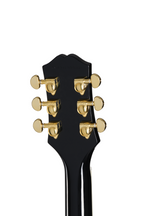 Left-handed Epiphone Les Paul Custom electric guitar in ebony finish with gold hardware, displayed with its premium gig bag.