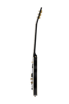 Left-handed Epiphone Les Paul Custom electric guitar in ebony finish with chrome hardware, shown with premium guitar bag.