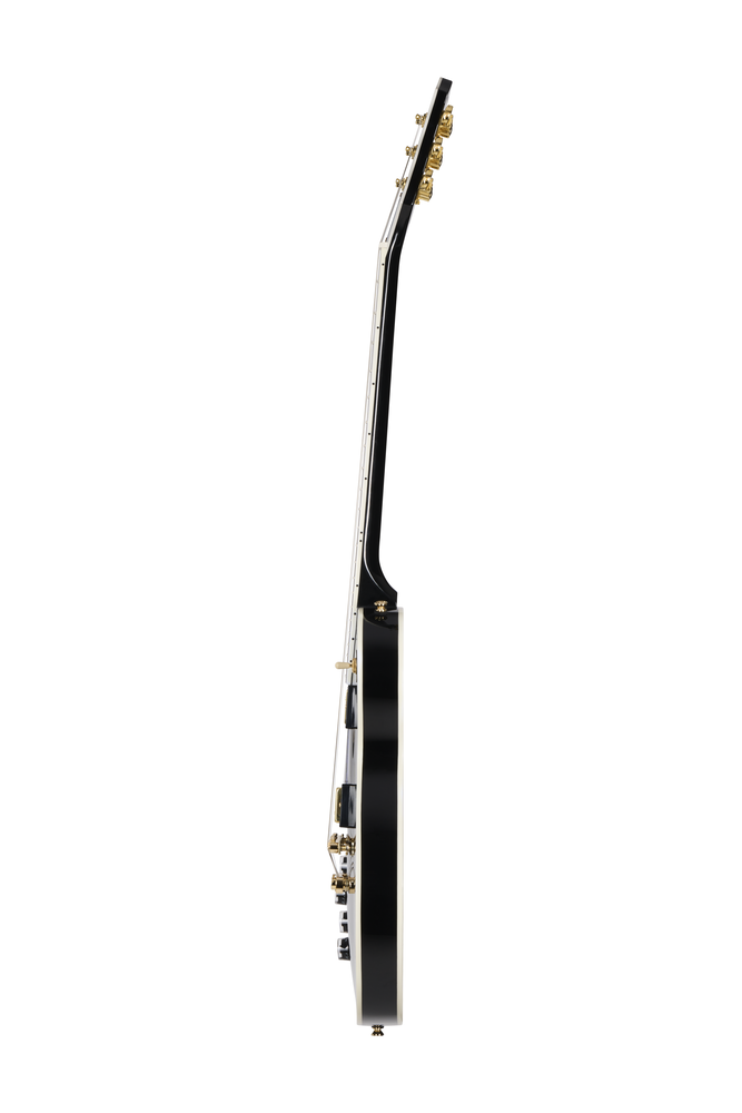 Left-handed Epiphone Les Paul Custom electric guitar in ebony finish with chrome hardware, shown with premium guitar bag.