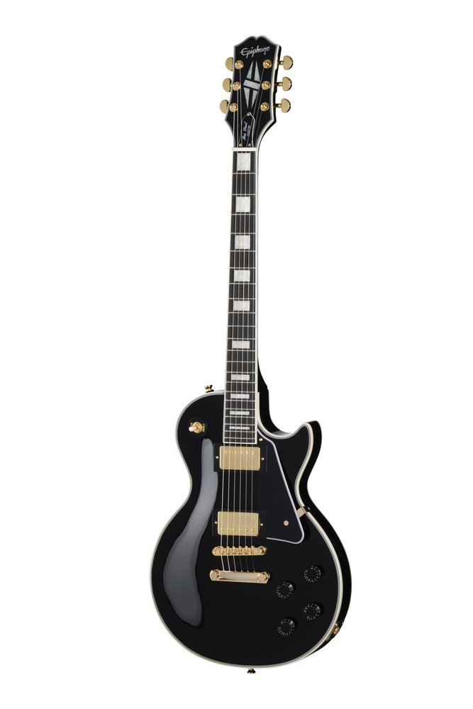 Electric guitar Epiphone Les Paul Custom in ebony finish with gold hardware, shown with a premium padded gig bag.