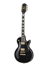 Electric guitar Epiphone Les Paul Custom in ebony finish with gold hardware, shown with a premium padded gig bag.