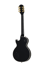 Electric guitar Epiphone Les Paul Custom in ebony finish with gold hardware, displayed with premium gig bag.