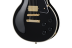 Electric guitar EPIPHONE Les Paul Custom in ebony finish with premium gig bag, showcasing its sleek body and classic hardware.