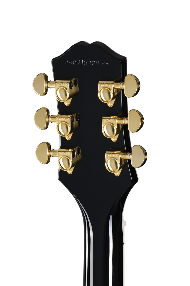 Electric guitar Epiphone Les Paul Custom Ebony with gold hardware and humbucker pickups, shown in a premium gig bag.