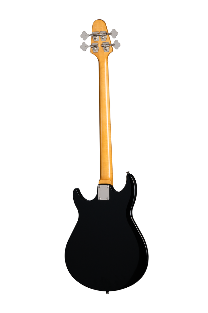 Epiphone Grabber Bass guitar in ebony finish with a premium gig bag, featuring a solid body and four-string setup.