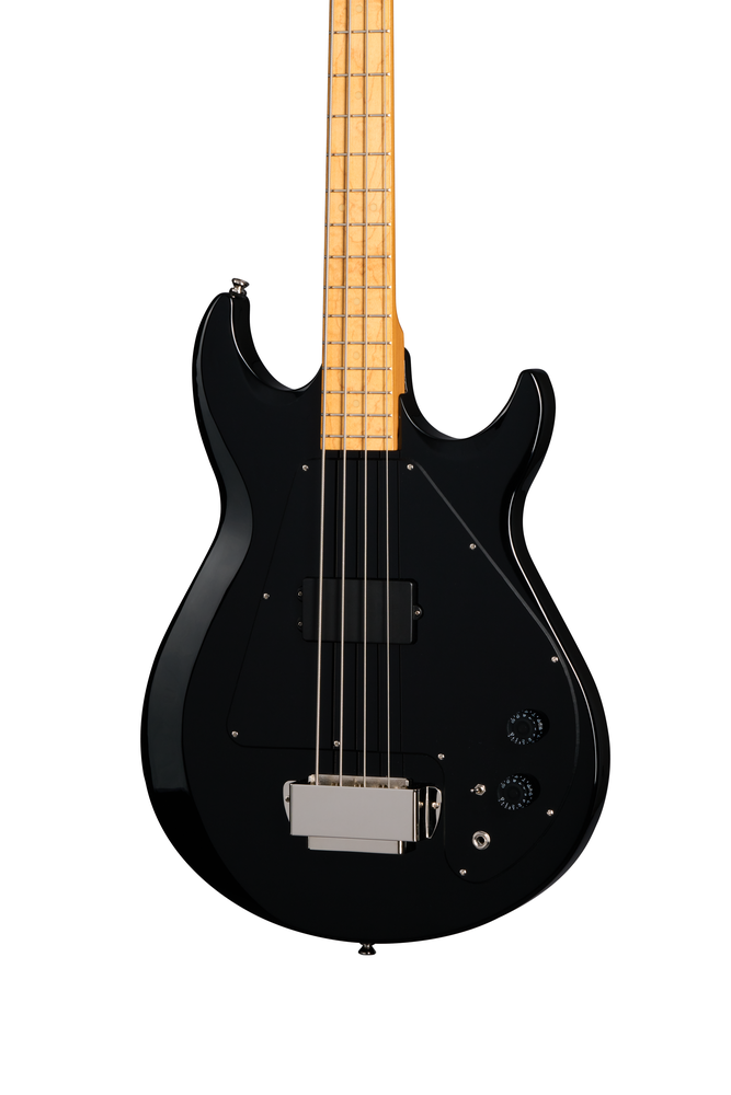 Epiphone Grabber Bass guitar in ebony finish with a padded premium gig bag, featuring four strings and vintage-style pickups.