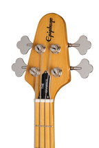 Epiphone Grabber Bass guitar in ebony finish with a premium gig bag, showcasing the sleek bass guitar and protective carrying case.