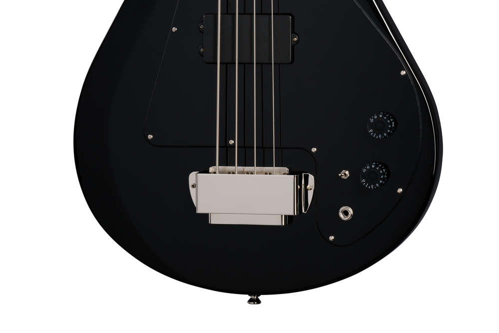Epiphone Grabber Bass guitar in ebony finish with chrome hardware, shown in a premium gig bag, ideal for bass players.